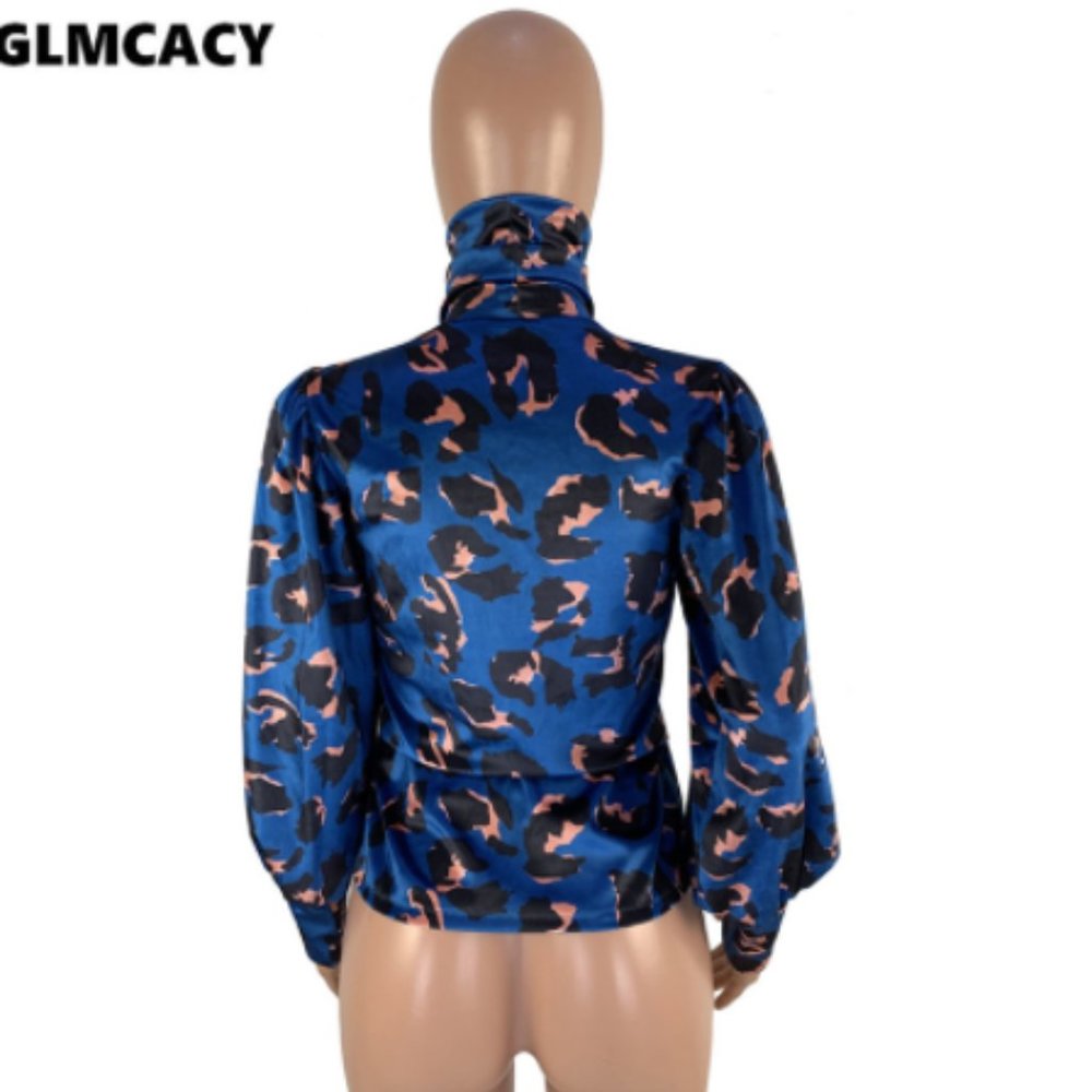 Blue Leopard Print Turtle Neck Keyhole Blouse - Picture 8 of 8